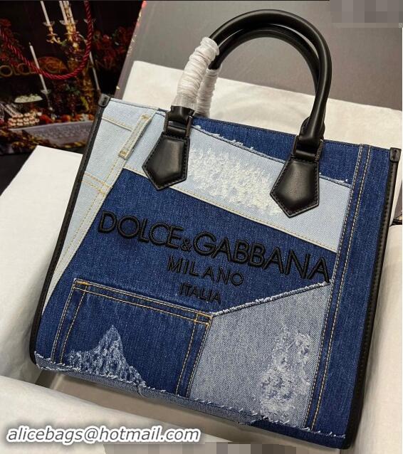 Grade Quality Dolce&Gabbana patchwork denim shopper tote bag with embroidered logo D9007 Blue 2023