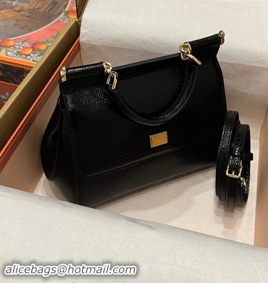 Best Quality Dolce&Gabbana Small Sicily handbag in lizard Embossed Leather BB6112 Black 2023