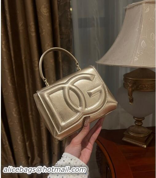 Famous Brand Dolce & Gabbana DG Logo Top Handle Bag in Metallic Leather D9142 Light Gold 2024