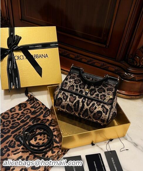 Luxury Cheap Dolce&Gabbana Small Sicily handbag in Leopard print with Crystals D4028 2024