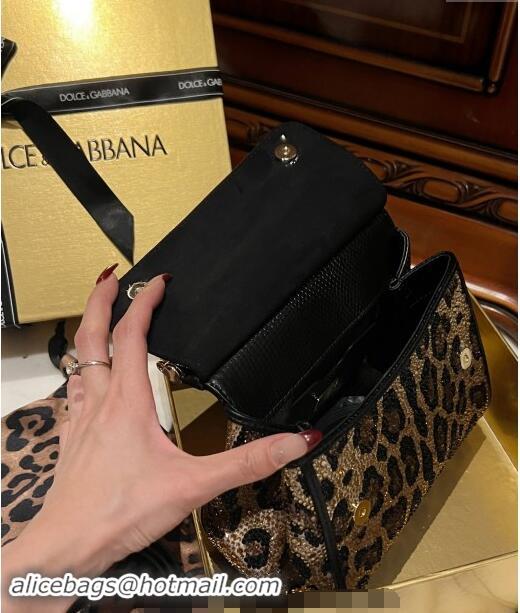 Luxury Cheap Dolce&Gabbana Small Sicily handbag in Leopard print with Crystals D4028 2024