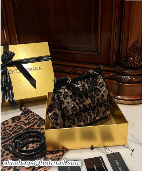 Luxury Cheap Dolce&Gabbana Small Sicily handbag in Leopard print with Crystals D4028 2024