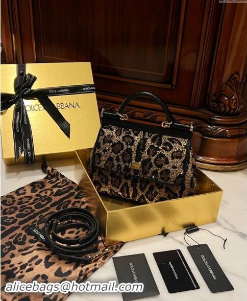 Luxury Cheap Dolce&Gabbana Small Sicily handbag in Leopard print with Crystals D4028 2024