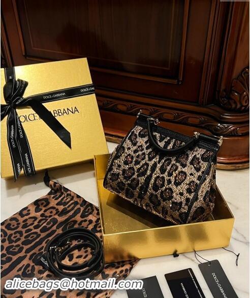 Luxury Cheap Dolce&Gabbana Small Sicily handbag in Leopard print with Crystals D4028 2024