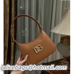 Buy Fashionable Dolce & Gabbana 3.5 Hobo Calfskin Shoulder bag with DG Logo 9040 Brown 2024