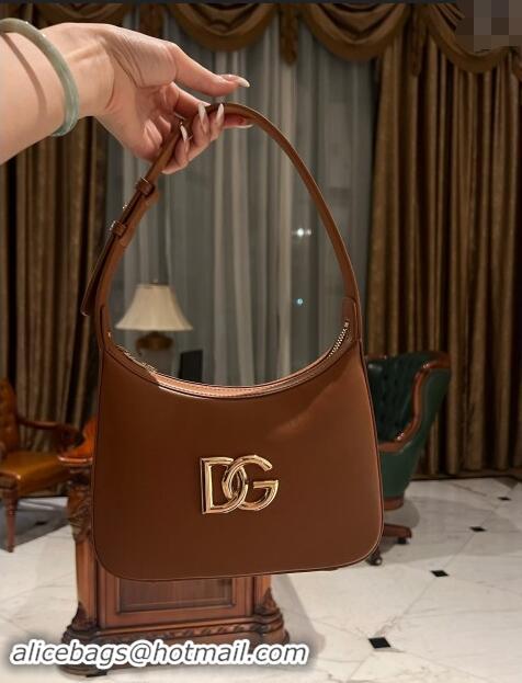 Buy Fashionable Dolce & Gabbana 3.5 Hobo Calfskin Shoulder bag with DG Logo 9040 Brown 2024