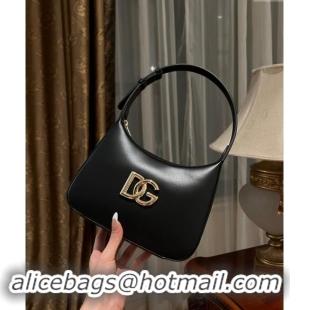 Luxury Discount Dolce & Gabbana 3.5 Hobo Calfskin Shoulder bag with DG Logo 9040 Black 2024