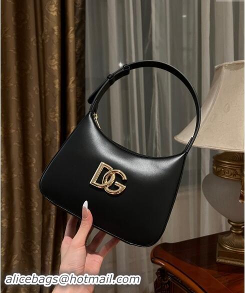 Luxury Discount Dolce & Gabbana 3.5 Hobo Calfskin Shoulder bag with DG Logo 9040 Black 2024