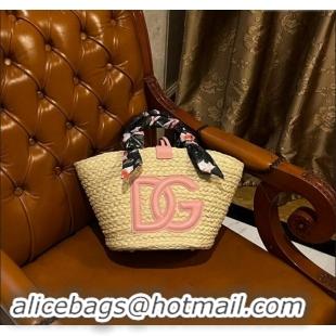 Pretty Style Dolce&Gabbana Flower Power Small Kendra Shopper Bag in Woven Straw 7075 Light Pink 2024