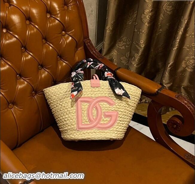 Pretty Style Dolce&Gabbana Flower Power Small Kendra Shopper Bag in Woven Straw 7075 Light Pink 2024