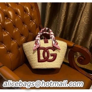 Best Price Dolce&Gabbana Flower Power Small Kendra Shopper Bag in Woven Straw 7075 Burgundy 2024