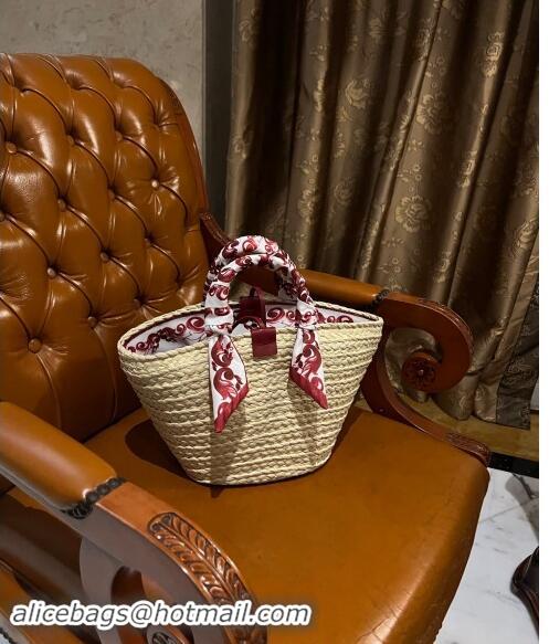 Best Price Dolce&Gabbana Flower Power Small Kendra Shopper Bag in Woven Straw 7075 Burgundy 2024