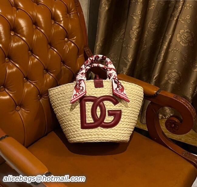 Best Price Dolce&Gabbana Flower Power Small Kendra Shopper Bag in Woven Straw 7075 Burgundy 2024