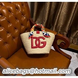 Super Quality Dolce&Gabbana Flower Power Small Kendra Shopper Bag in Woven Straw 7075 Red 2024