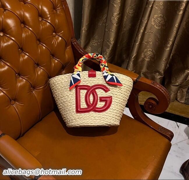 Super Quality Dolce&Gabbana Flower Power Small Kendra Shopper Bag in Woven Straw 7075 Red 2024