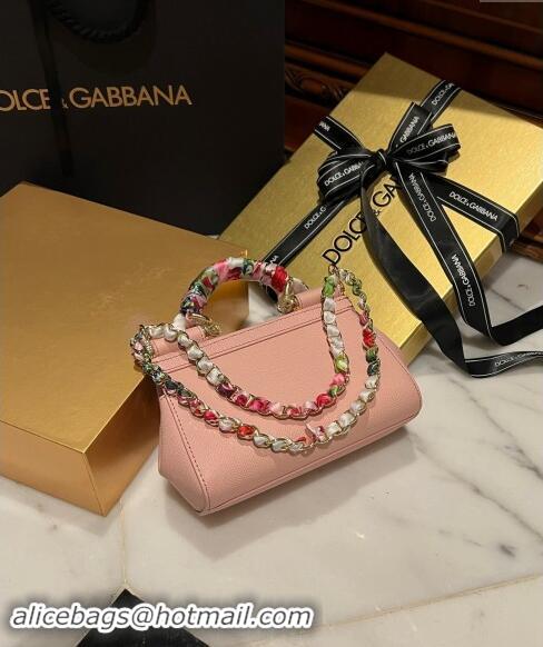 New Design Dolce & Gabbana Small Sicily bag in Calfskin and Printed Fabric 7081 Light Pink 2024