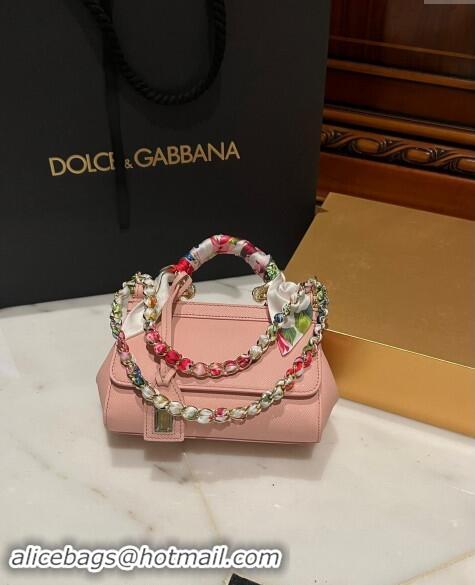 New Design Dolce & Gabbana Small Sicily bag in Calfskin and Printed Fabric 7081 Light Pink 2024