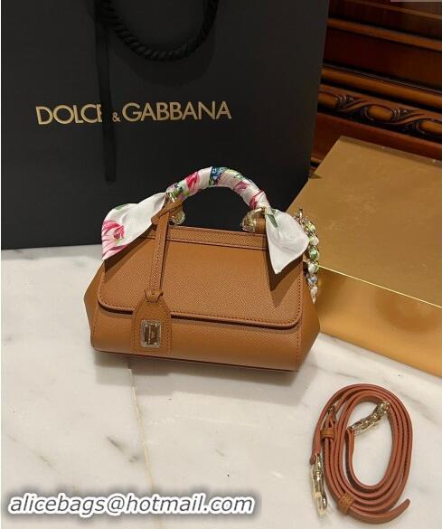 Shop Best Dolce & Gabbana Small Sicily bag in Calfskin and Printed Fabric 7081 Brown 2024