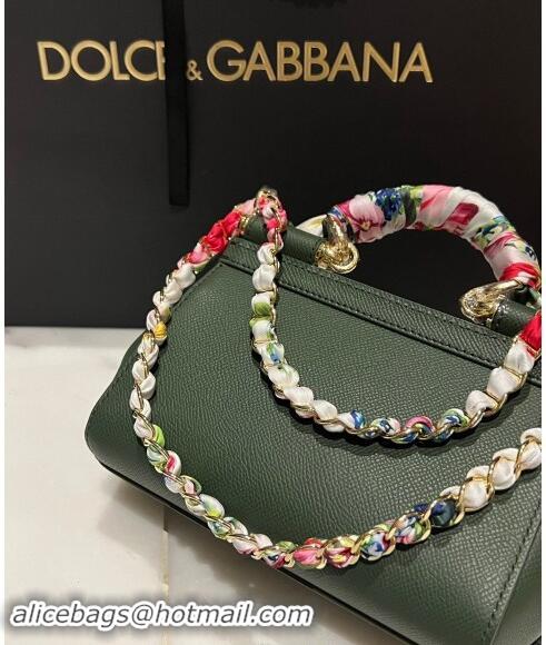 New Fashion Dolce & Gabbana Small Sicily bag in Calfskin and Printed Fabric 7081 Dark Green 2024