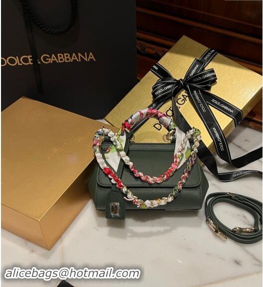 New Fashion Dolce & Gabbana Small Sicily bag in Calfskin and Printed Fabric 7081 Dark Green 2024