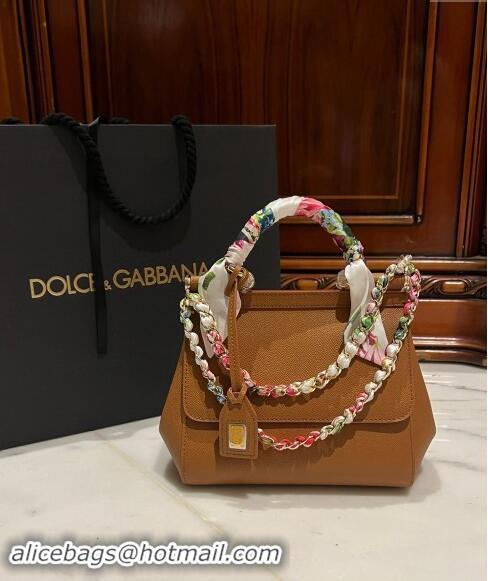 Good Looking Dolce & Gabbana Medium Sicily bag in Calfskin and Printed Fabric 7082 Tan Brown 2024