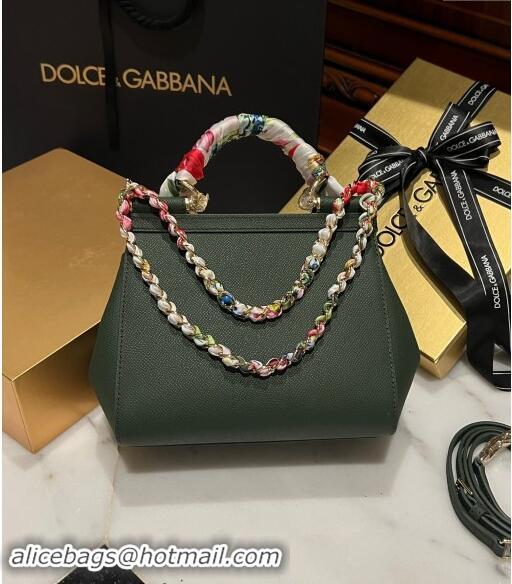 Fashion Grade Dolce & Gabbana Medium Sicily bag in Calfskin and Printed Fabric 7082 Dark Green 2024