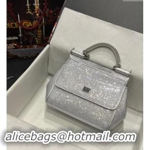 Top Grade Dolce & Gabbana Medium Sicily bag in Strass and Lizard Embossed Leather BB6112 Silver 2024