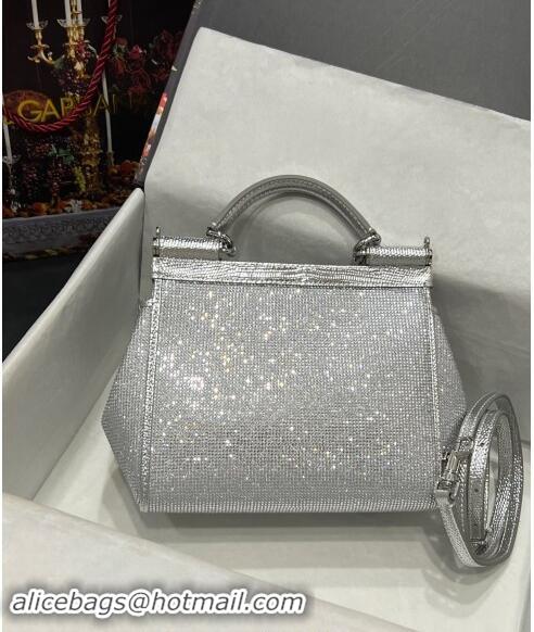 Top Grade Dolce & Gabbana Medium Sicily bag in Strass and Lizard Embossed Leather BB6112 Silver 2024