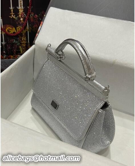 Top Grade Dolce & Gabbana Medium Sicily bag in Strass and Lizard Embossed Leather BB6112 Silver 2024