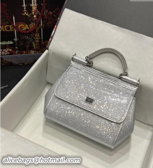 Top Grade Dolce & Gabbana Medium Sicily bag in Strass and Lizard Embossed Leather BB6112 Silver 2024