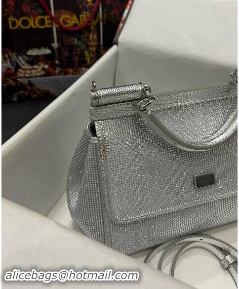 Top Grade Dolce & Gabbana Medium Sicily bag in Strass and Lizard Embossed Leather BB6112 Silver 2024