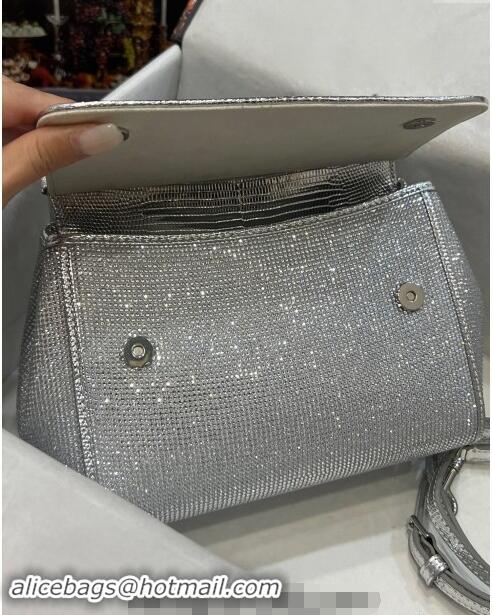 Top Grade Dolce & Gabbana Medium Sicily bag in Strass and Lizard Embossed Leather BB6112 Silver 2024