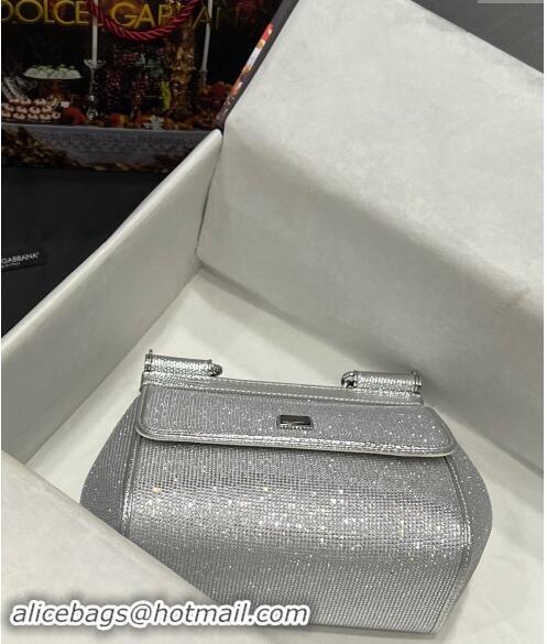 Top Grade Dolce & Gabbana Medium Sicily bag in Strass and Lizard Embossed Leather BB6112 Silver 2024