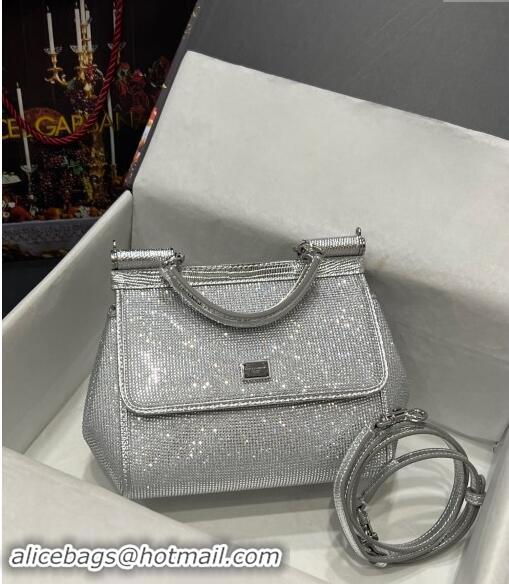 Top Grade Dolce & Gabbana Medium Sicily bag in Strass and Lizard Embossed Leather BB6112 Silver 2024