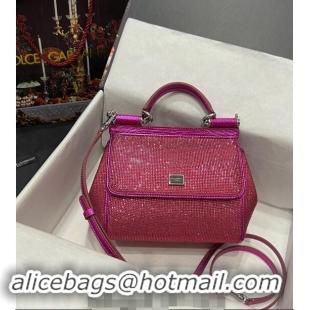 Super Quality Dolce & Gabbana Medium Sicily bag in Strass and Lizard Embossed Leather BB6112 Fuchsia Pink 2024