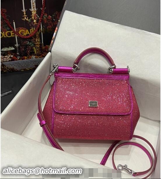 Super Quality Dolce & Gabbana Medium Sicily bag in Strass and Lizard Embossed Leather BB6112 Fuchsia Pink 2024