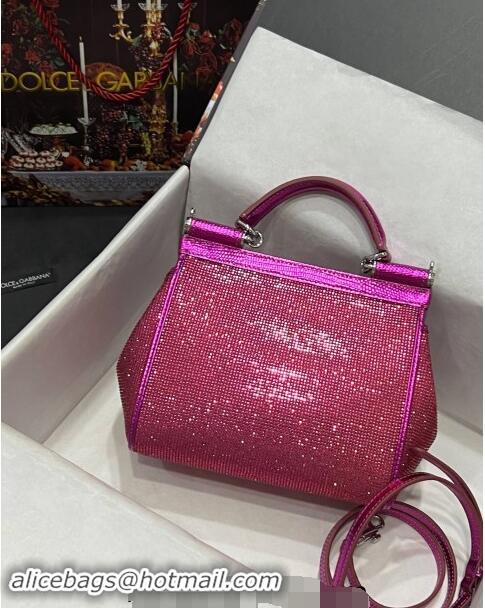 Super Quality Dolce & Gabbana Medium Sicily bag in Strass and Lizard Embossed Leather BB6112 Fuchsia Pink 2024