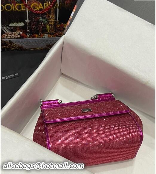 Super Quality Dolce & Gabbana Medium Sicily bag in Strass and Lizard Embossed Leather BB6112 Fuchsia Pink 2024