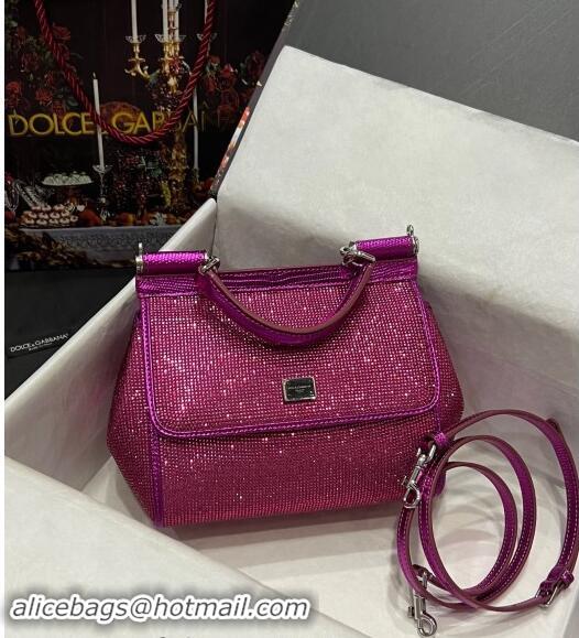 Super Quality Dolce & Gabbana Medium Sicily bag in Strass and Lizard Embossed Leather BB6112 Fuchsia Pink 2024