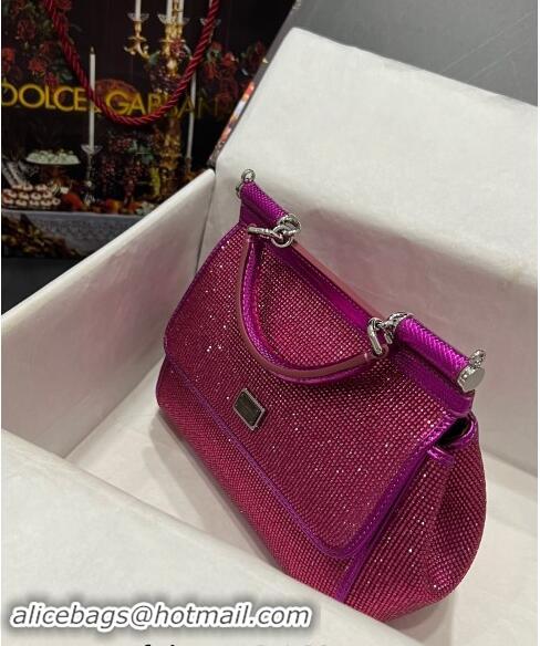 Super Quality Dolce & Gabbana Medium Sicily bag in Strass and Lizard Embossed Leather BB6112 Fuchsia Pink 2024