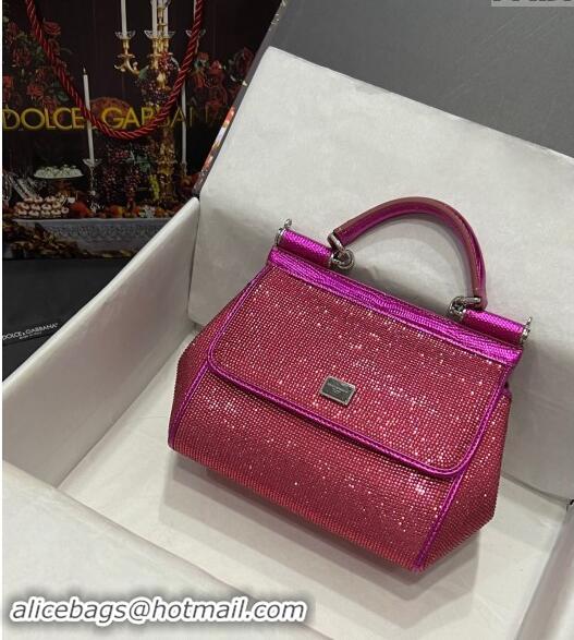 Super Quality Dolce & Gabbana Medium Sicily bag in Strass and Lizard Embossed Leather BB6112 Fuchsia Pink 2024