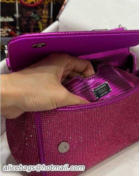 Super Quality Dolce & Gabbana Medium Sicily bag in Strass and Lizard Embossed Leather BB6112 Fuchsia Pink 2024