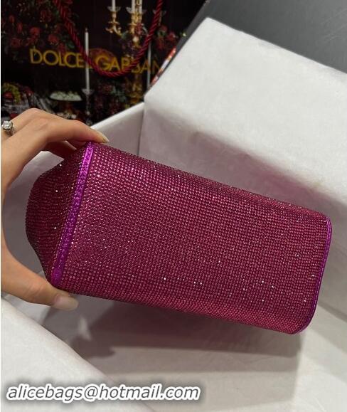 Super Quality Dolce & Gabbana Medium Sicily bag in Strass and Lizard Embossed Leather BB6112 Fuchsia Pink 2024