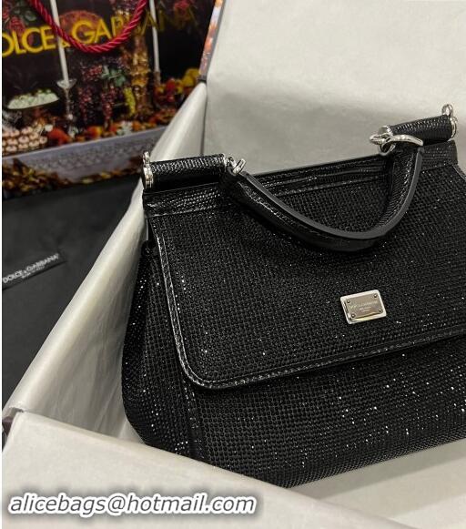 Well Crafted Dolce & Gabbana Medium Sicily bag in Strass and Lizard Embossed Leather BB6112 Black 2024