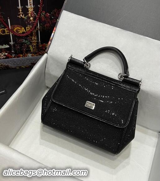 Well Crafted Dolce & Gabbana Medium Sicily bag in Strass and Lizard Embossed Leather BB6112 Black 2024