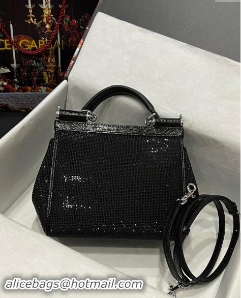 Well Crafted Dolce & Gabbana Medium Sicily bag in Strass and Lizard Embossed Leather BB6112 Black 2024