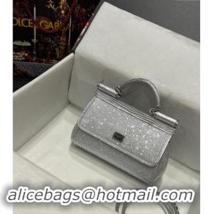 Affordable Price Dolce & Gabbana Small Sicily bag in Strass and Lizard Embossed Leather BB6111 Silver 2024