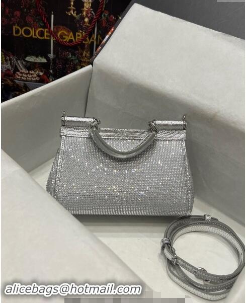 Affordable Price Dolce & Gabbana Small Sicily bag in Strass and Lizard Embossed Leather BB6111 Silver 2024