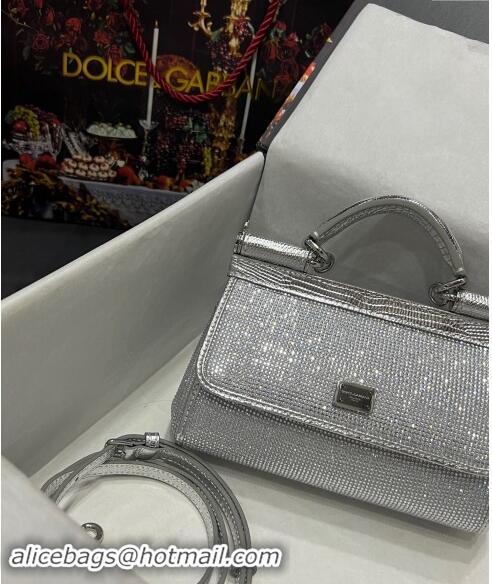 Affordable Price Dolce & Gabbana Small Sicily bag in Strass and Lizard Embossed Leather BB6111 Silver 2024