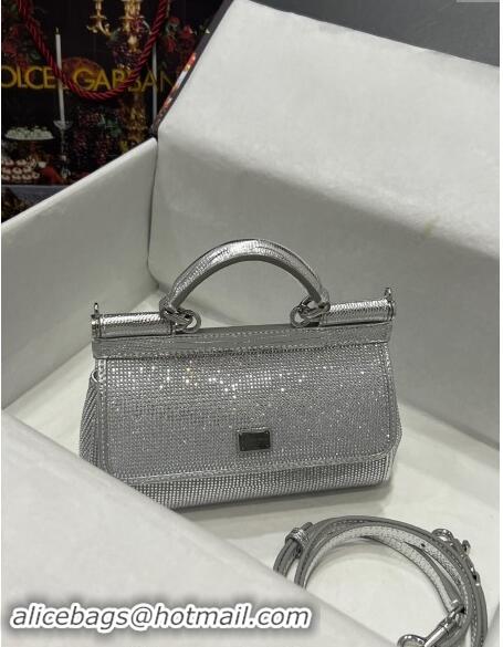 Affordable Price Dolce & Gabbana Small Sicily bag in Strass and Lizard Embossed Leather BB6111 Silver 2024